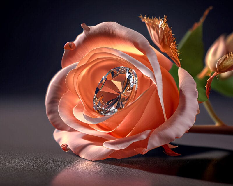 A diamond engagement ring beside a single rose