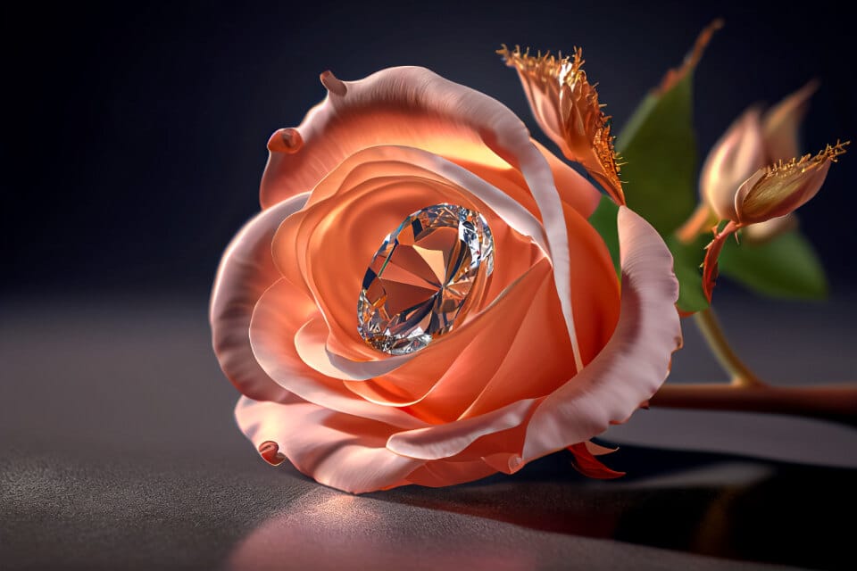 A diamond engagement ring beside a single rose