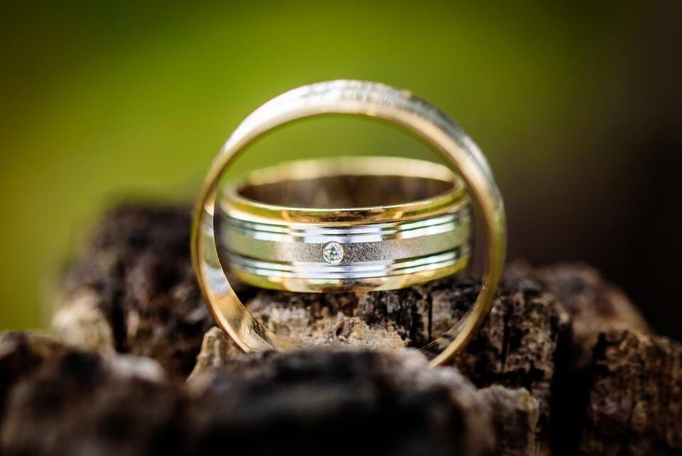 An engagement ring viewed through a glass sphere