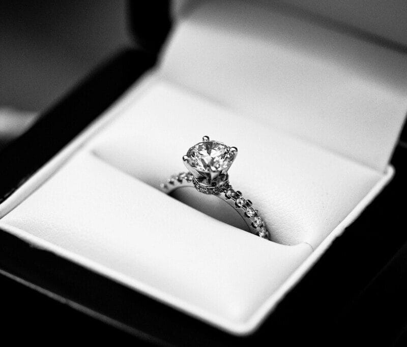 Diamond engagement ring presented in a jeweller's box
