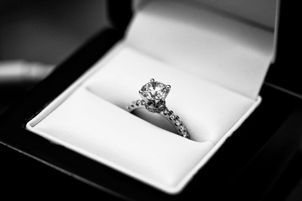 Diamond engagement ring presented in a jeweller's box