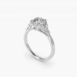 Bague de fiançailles diamant rond brillant floral, pétales marquise, vue de trois quarts