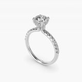 Bague de fiançailles rond brillant couronne pavée halo caché, vue de trois quarts