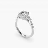 Round Three-Stone Diamond Engagement Ring with Marquise Accents, three-quarter view