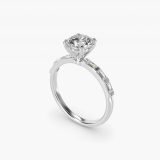 Round Straight Baguette Row Side-Stone Engagement Ring, three-quarter view
