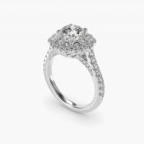 Round Vintage Diamond Halo Engagement Ring, three-quarter view