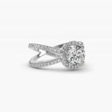 Bague de fiançailles rond brillant anneau fendu en X à halo caché, vue de côté