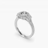 Round Three-Stone Halo Diamond Engagement Ring, three-quarter view