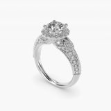 Bague de fiançailles halo d’inspiration vintage sur diamant rond, vue de trois quarts