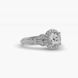 Bague de fiançailles halo d’inspiration vintage sur diamant rond, vue de côté