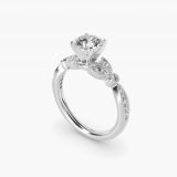 Round Petite Vintage Pavé Leaf Diamond Engagement Ring, three-quarter view