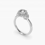 Bague de fiançailles vintage halo glamour sur diamant rond, vue de trois quarts