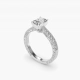 Bague de fiançailles radiant micro-pavée gravée main, vue de trois quarts