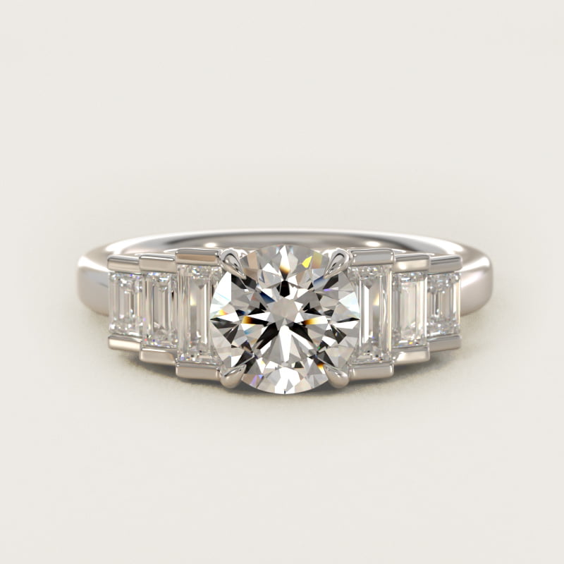 Round Escalating Baguette Side-Stone Engagement Ring