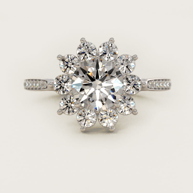 Round Star Diamond Halo Cathedral Engagement Ring