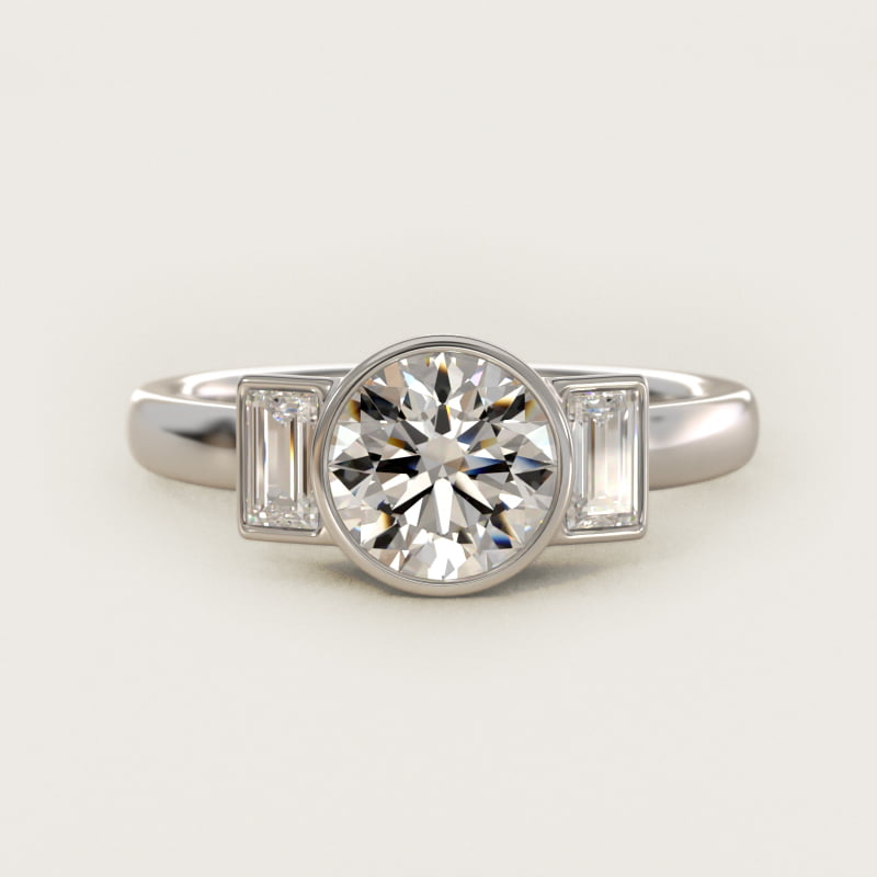 Round Bezel Baguette Three-Stone Diamond Engagement Ring