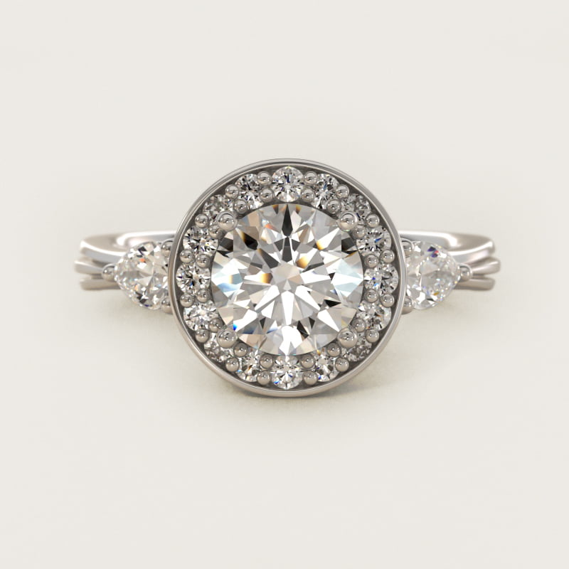 Round Diamond Halo Pear Side-Stone Engagement Ring