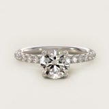 Bague de fiançailles rond brillant couronne pavée halo caché, vue de face