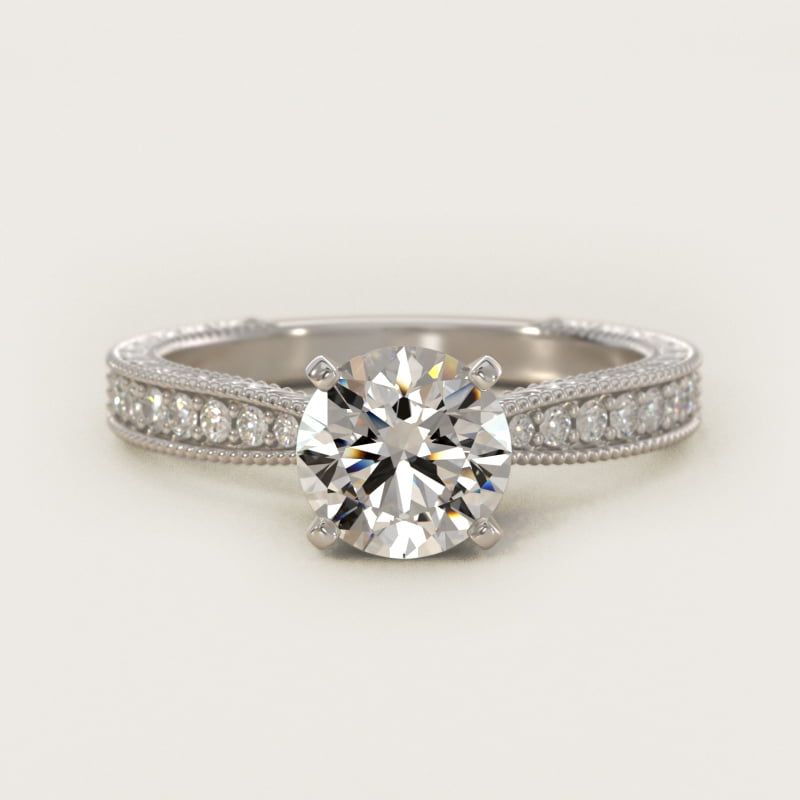 Round Hand-Engraved Micropave Engagement Ring