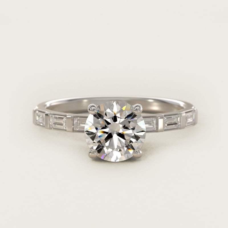 Round Straight Baguette Row Side-Stone Engagement Ring
