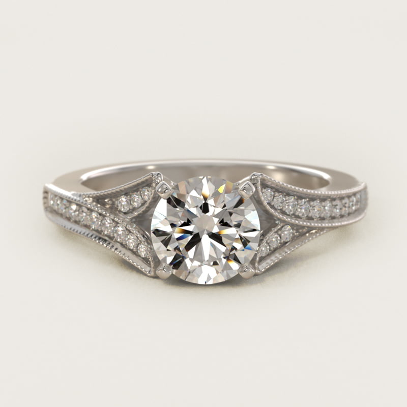 Round Milgrain Pave V-Shank Engagement Ring