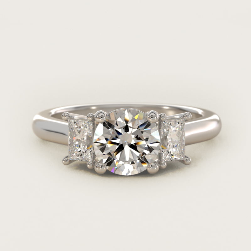 Round Three-Stone Diamond Engagement Ring with Princess Accents