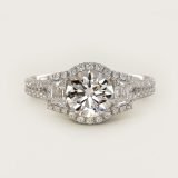 Round Three-Stone Halo Diamond Engagement Ring, face-up view
