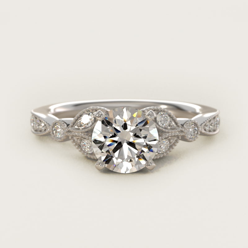 Round Petite Vintage Pavé Leaf Diamond Engagement Ring