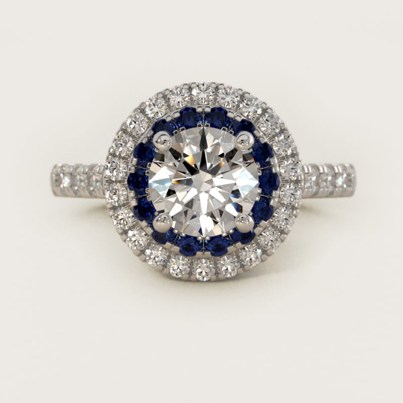 Round Sapphire and Diamond Double Halo Engagement Ring