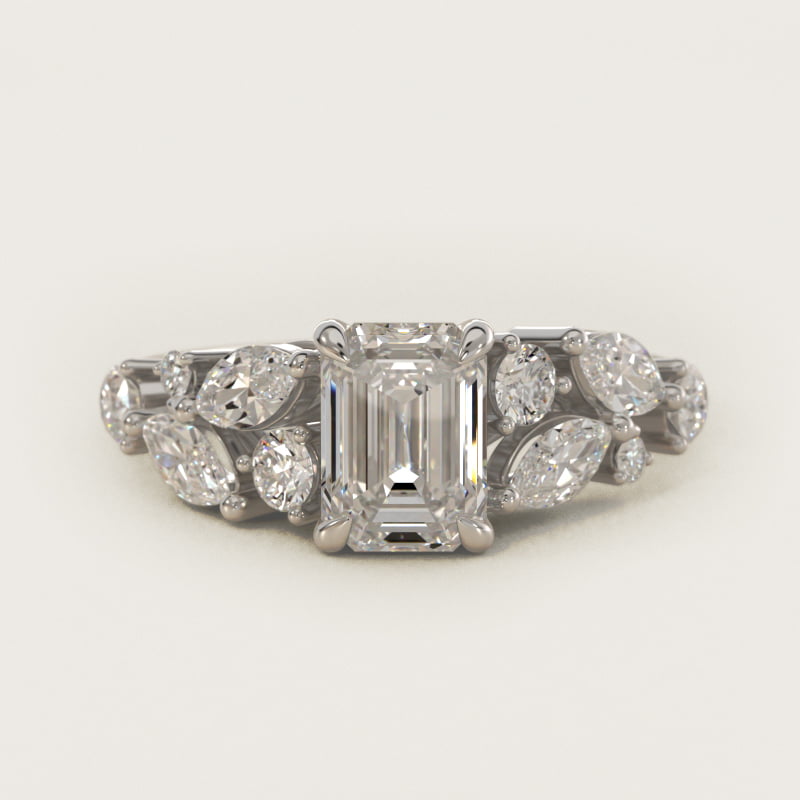 Emerald-Cut Diamond Nest Side-Stone Engagement Ring