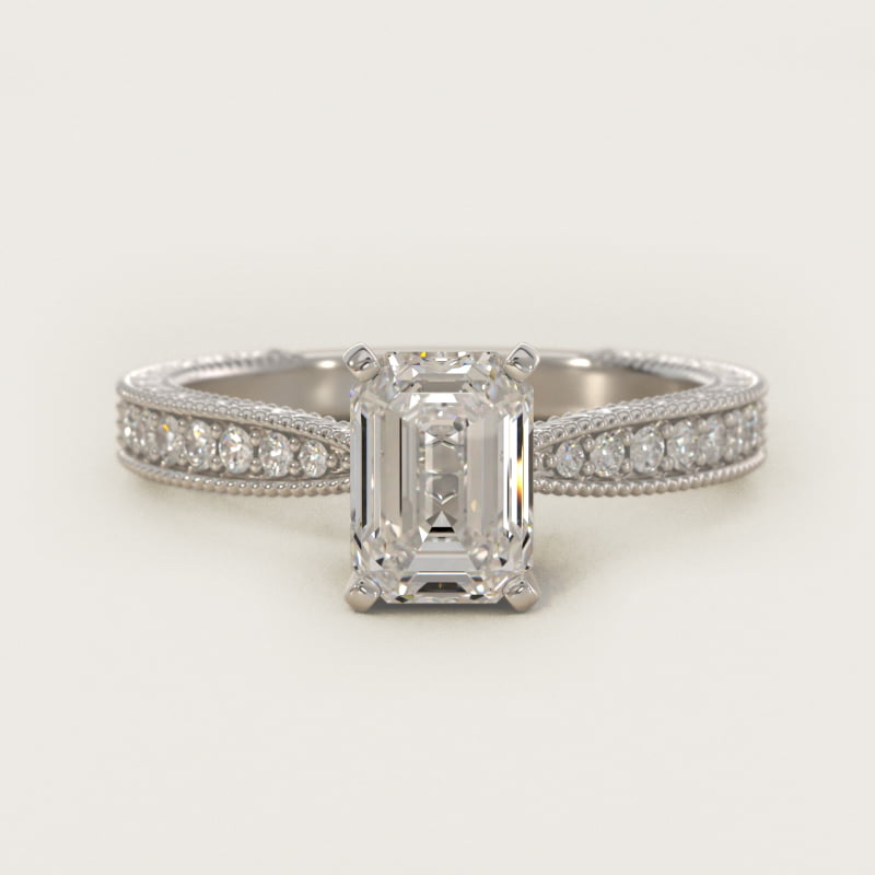 Emerald-Cut Hand-Engraved Micropave Engagement Ring