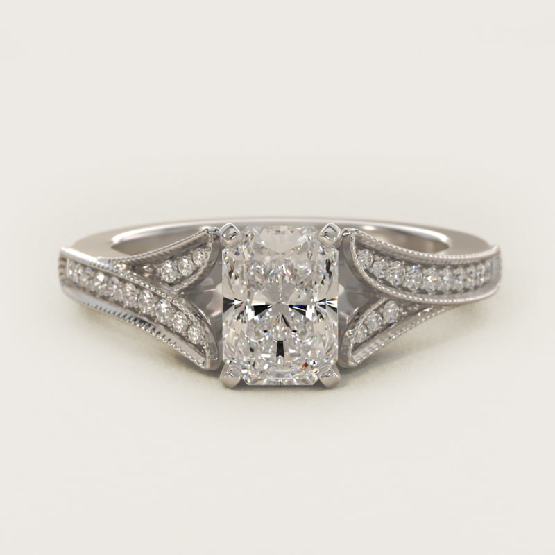 Bague de fiançailles anneau en V pavé milgrain pour diamant taille radiant