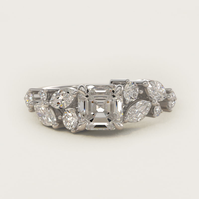 Asscher-Cut Diamond Nest Side-Stone Engagement Ring