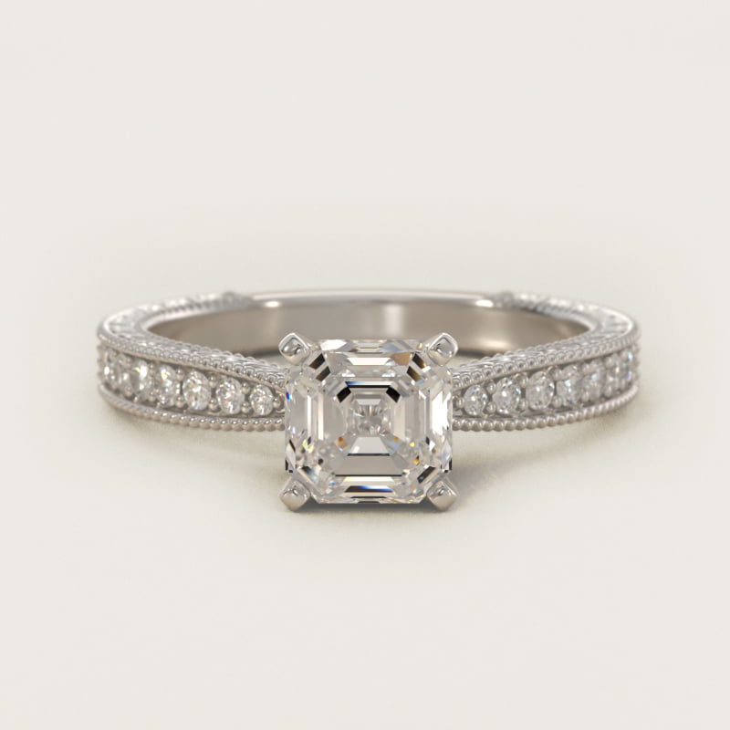 Asscher-Cut Hand-Engraved Micropave Engagement Ring
