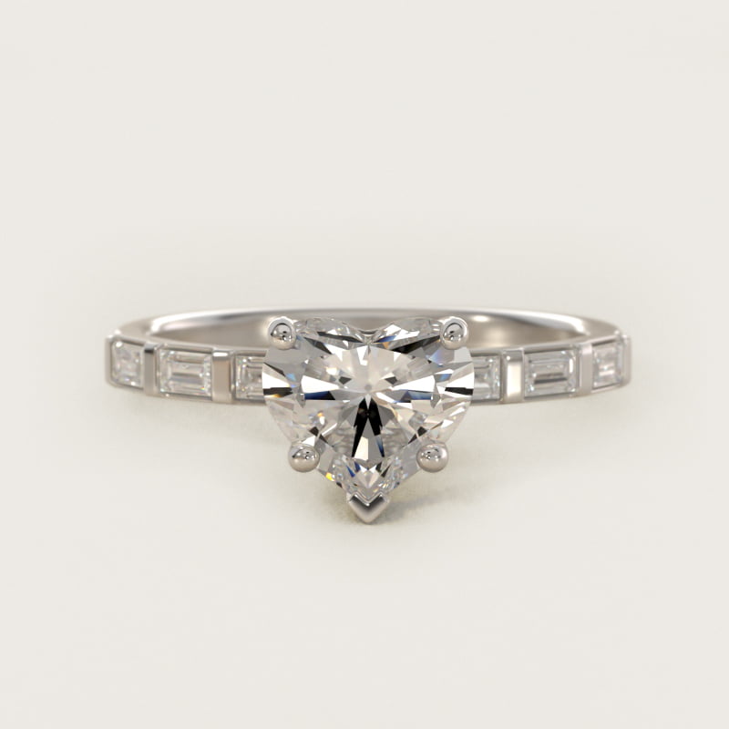 Heart-Shaped Straight Baguette Row Side-Stone Ring