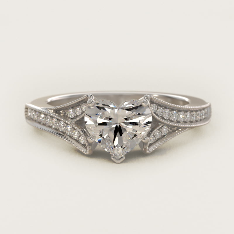 Heart-Shaped Milgrain Pavé V-Shank Engagement Ring