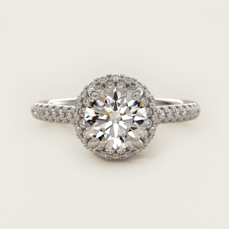 Round Falling-Edge Pave Diamond Halo Engagement Ring in white gold — handcrafted in Beirut