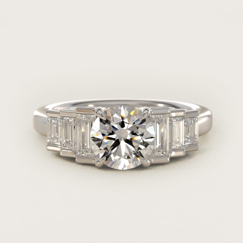 Round Escalating Baguette Side-Stone Engagement Ring in white gold — handcrafted in Beirut