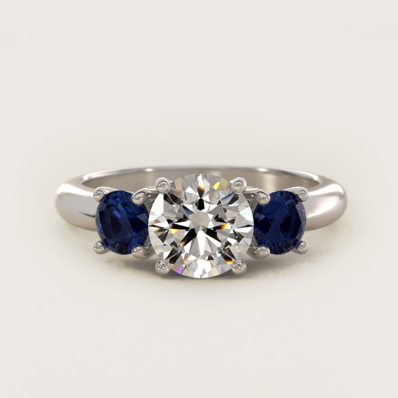 Round Blue Sapphire Three-Stone Engagement Ring in white gold — handcrafted in Beirut