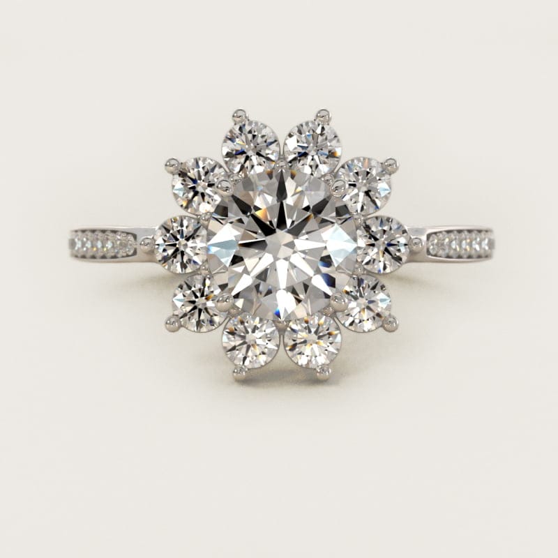 Round Star Diamond Halo Cathedral Engagement Ring in white gold — handcrafted in Beirut