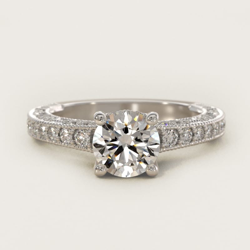Round Milgrain Lace Pave Vintage Engagement Ring in white gold — handcrafted in Beirut