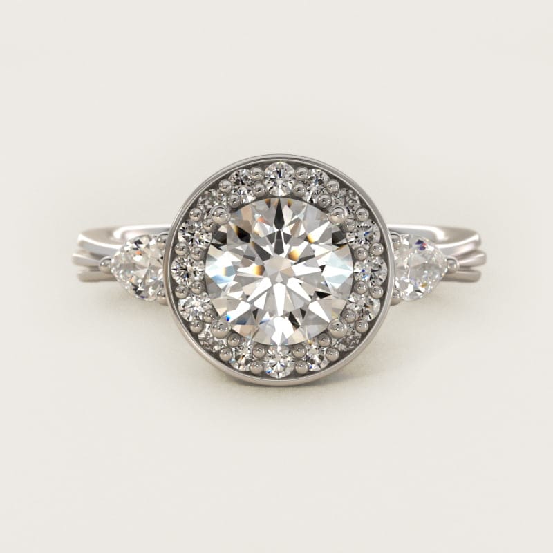 Round Diamond Halo Pear Side-Stone Engagement Ring in white gold — handcrafted in Beirut