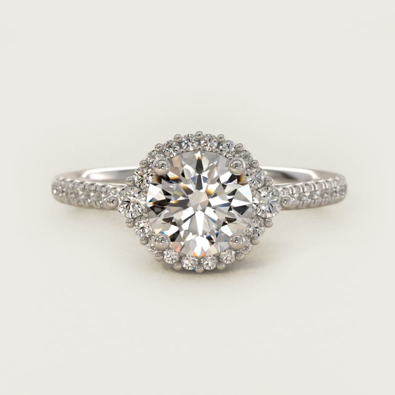 Round Pavé Halo Cathedral Diamond Engagement Ring in white gold — handcrafted in Beirut