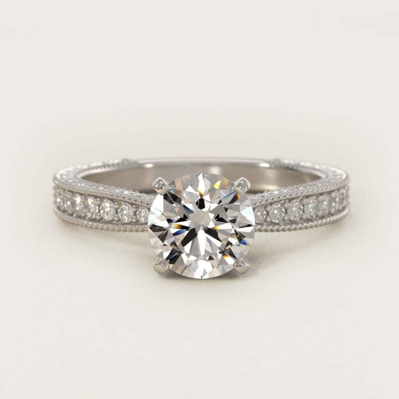 Round Hand-Engraved Micropave Engagement Ring in white gold — handcrafted in Beirut