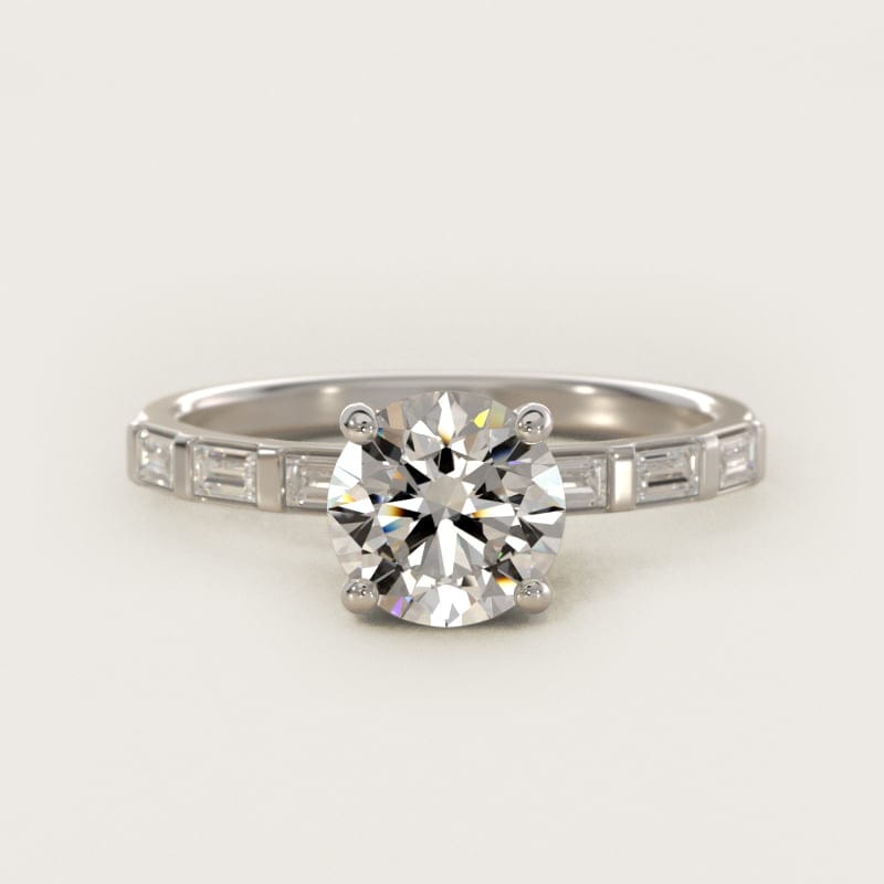 Round Straight Baguette Row Side-Stone Engagement Ring in white gold — handcrafted in Beirut