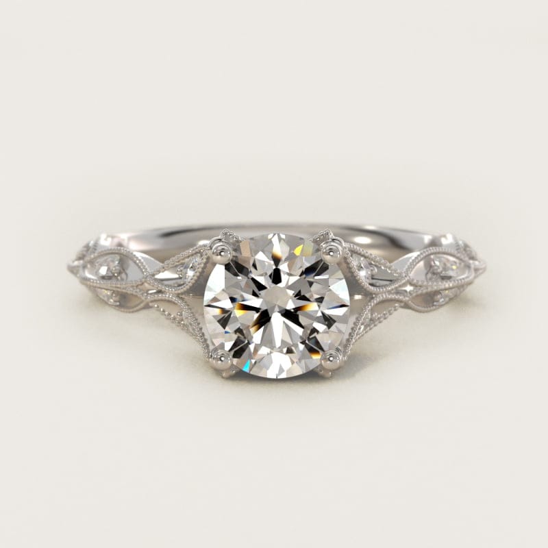 Round Milgrain Navette Vintage Engagement Ring in white gold — handcrafted in Beirut