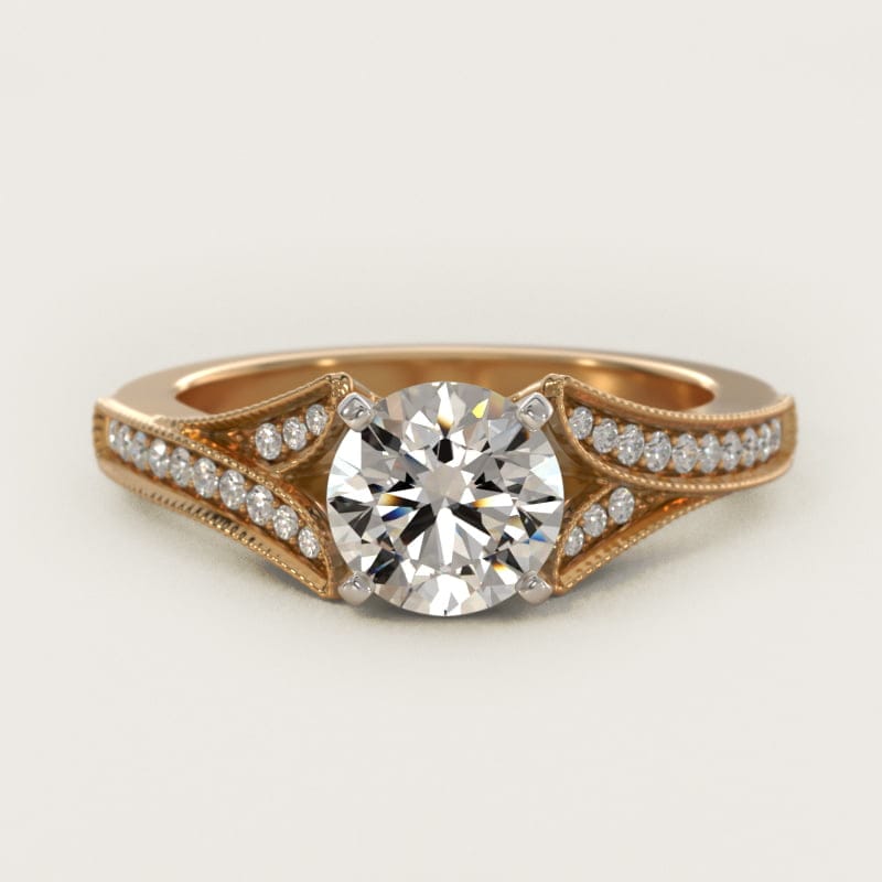Round Milgrain Pave V-Shank Engagement Ring in white gold — handcrafted in Beirut