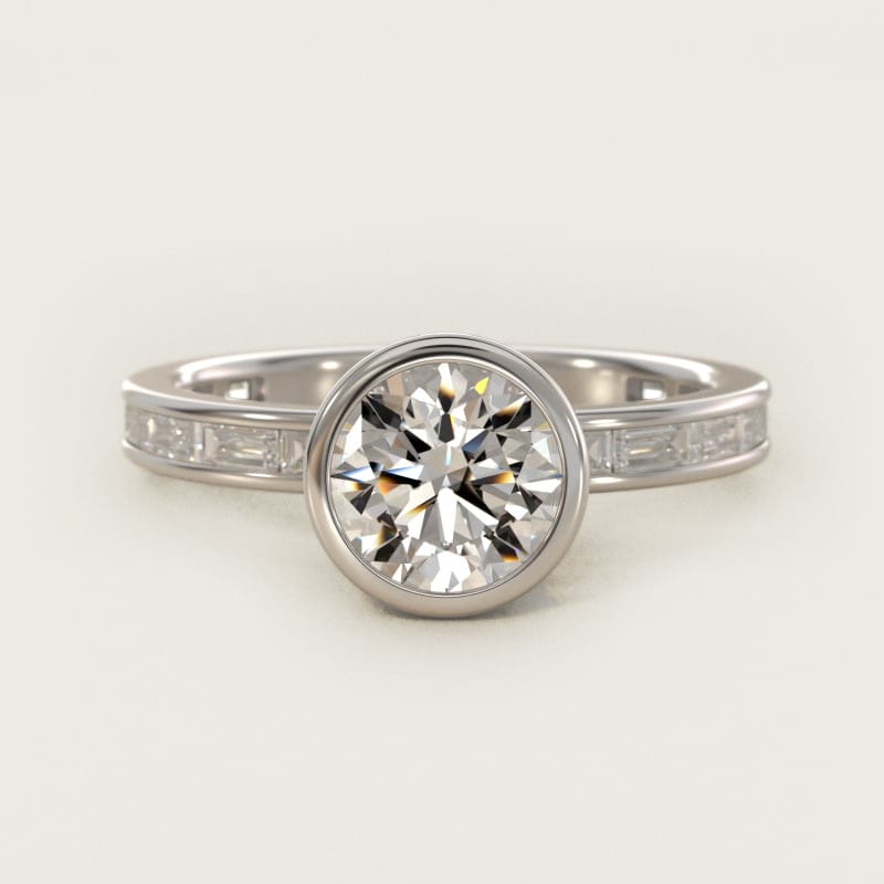 Round Bezel Engagement Ring with Channel Diamond Accent in white gold — handcrafted in Beirut