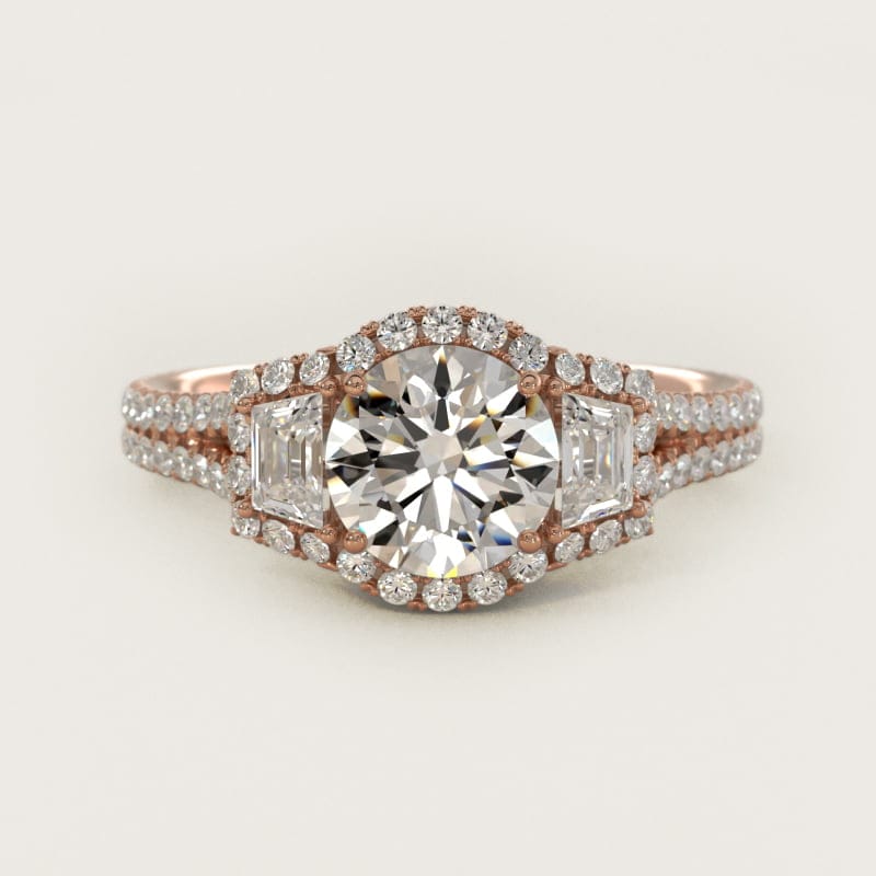 Round Three-Stone Halo Diamond Engagement Ring in white gold — handcrafted in Beirut