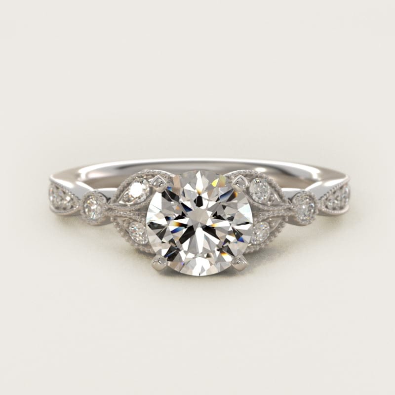 Round Petite Vintage Pavé Leaf Diamond Engagement Ring in white gold — handcrafted in Beirut